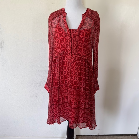 Maeve Anthropologie Canna Swing Dress Aztec Red Sheer Orange Red Size 8 - Picture 6 of 15